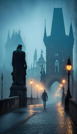 A beautiful, romantic morning shot of the famous Charles Bridge in Prague, Czech Republic with a thick mist hanging over the bridge.の写真素材