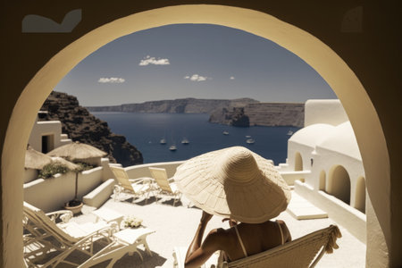 a happy young women enjoy her time relaxing on her holiday home balcony overlooking the stunning scenery of Paradise Santorini. Greeceの素材