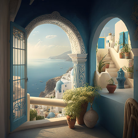 A paradise of Santorini with its morning sun, seen from a balcony in a moment of stillness and beauty. Turquoise Sea View From Balcony, White-washed Buildings, Greek Island Santorini AI Illustraionの素材