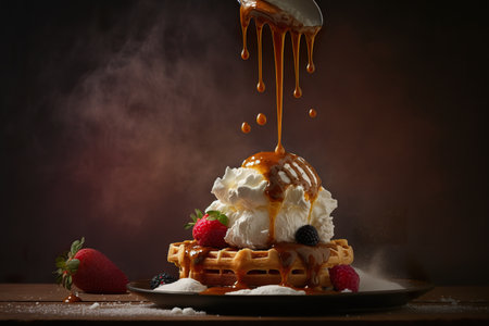 Close-up on belgian waffles with caramel sauce, whipped cream and berries, AI generative foodの写真素材