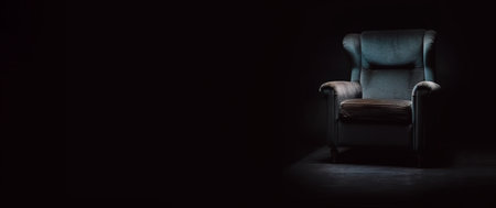 Single cyan and brown armchair on black background, AI generative panoramic banner with plenty of copy-spaceの写真素材
