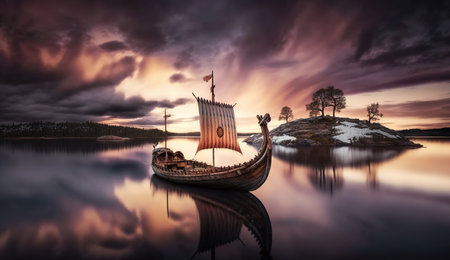 Captivating AI generative image of a Viking longship sailing over a vast Swedish landscape at sunrise, with pink clouds in the sky and long exposure polishing the waterの写真素材