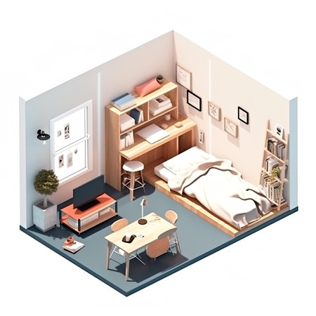 Student studio flat simple minimal isometric projection tiny miniature room on white background, AI generative illustrationの写真素材
