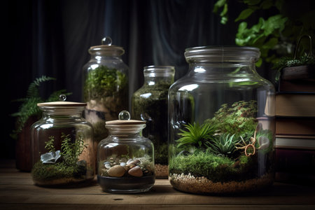 Mossariums, lush green plants in glass jars, glass container with soil, moss and small plants. AI generativeの写真素材