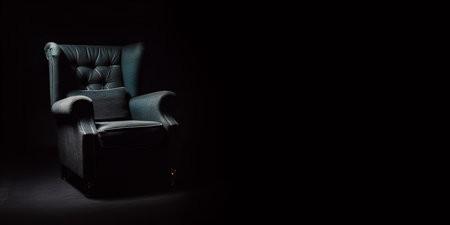 Single cyan and brown armchair on black background, AI generative panoramic banner with plenty of copy-spaceの写真素材