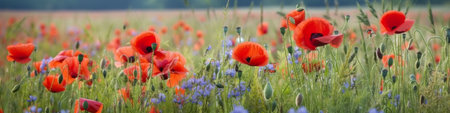 Panoramic banner with red poppy and blue cornflowers on meadow in summer, horizontal border of adorable wild flowers, AI generativeの写真素材