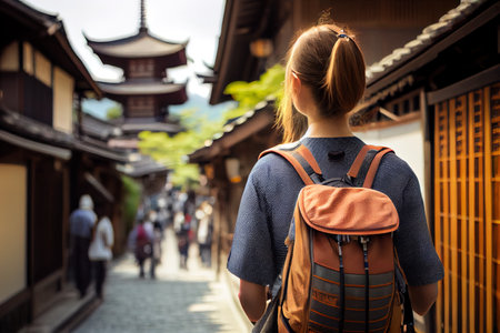 Back view of a tourist in historic Japanese city, AI generative artの素材