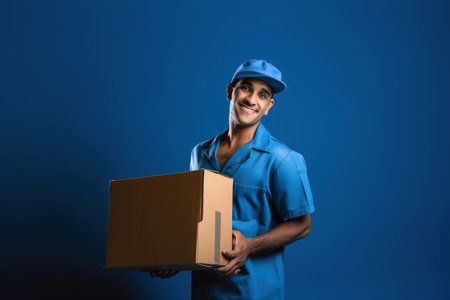 Delivery service male worker, turkish man in uniform with cardboard box in hands on blue background, AI generativeの素材