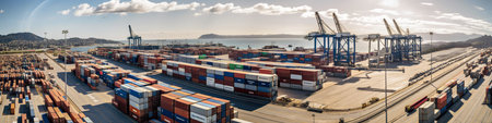 Panoramic banner, cargo container terminal, transportation, logistics, cargo port, AI generativeの素材