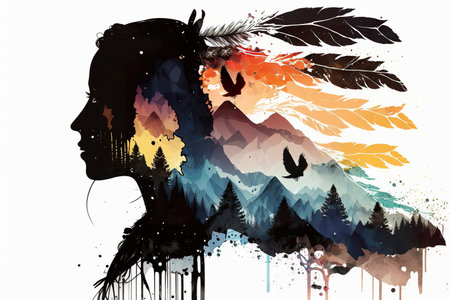 Profile of native american man, fierce warrior, double exposure with feathers, mountain, night black forest, AI generative illustration in watercolor and fine liner styleの素材