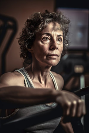 Strong middle aged caucasian woman training in gym, sport club, Training session, healthy lifestyle illustration, AI generativeの素材