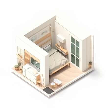 Tiny house style minimal simple interior isometric projection tiny miniature room on white background, AI generative illustrationの素材