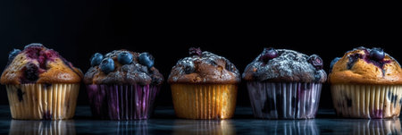 Panoramic banner with row of blueberry muffins on dark background, AI generative panorama, horizontal border design elementの素材