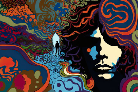 Inner journey to explore transformation and spiritual awakening. Experience surreal, psychdelic trip with vibrant colors, swirling shapes, and morphing figures in a distorted landscape. AI generative.の素材