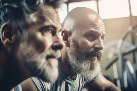 Two strong middle aged caucasian men training in gym, frends going to sport club together for a joint training session, healthy lifestyle illustration, AI generativeの素材