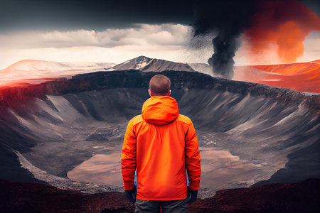 Back view of a tourist watching active volcano crater, AI generative artの素材