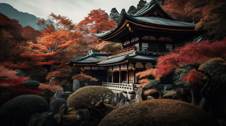 A peaceful scene of autumn maple leaves in front of a traditional Japanese temple. The red, orange and yellow foliage is illuminated by the warm sunlight. AI Generative.の素材