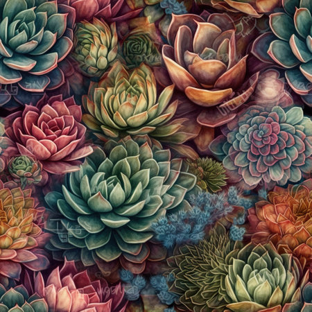 Seamless floral background with various succulent types, vintage botany books style, AI generativeの素材