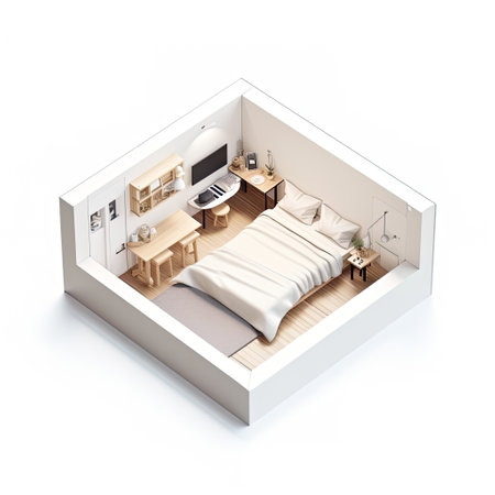 muji style isometric projection tiny miniature room on white background, AI generative illustrationの素材