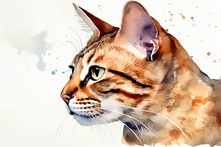 Ginger cat looking up, watercolor drawing on white background, AI generative illustrationの素材
