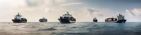 Panoramic banner with industrial cargo container ships in calm sea, AI generative freight transportation horizontal borderの素材