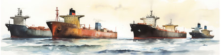 Panoramic banner with watercolor oil tankers, industrial ships in calm sea, AI generative freight transportation horizontal borderの素材