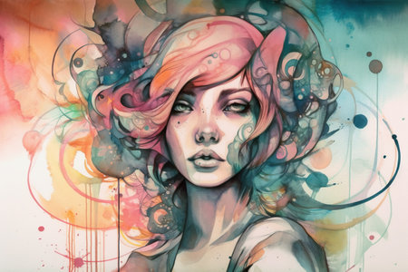 Creative artist, female musician, AI generative watercolor illustrationの素材