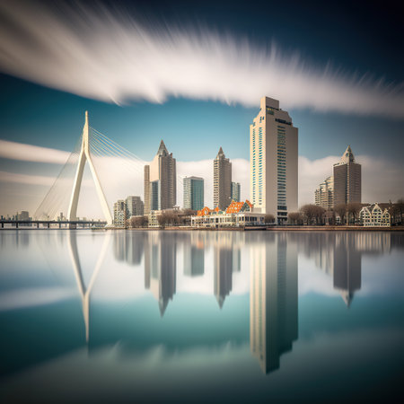 Rotterdam, Netherlands: The view of Rotterdam skyline from across the Maas River, AI generative imaginary cityscapeの素材