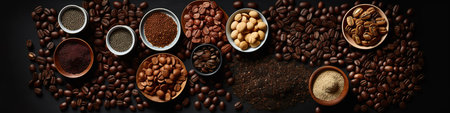 Panoramic banner with coffee beans, close-up on many different kinds on black background, AI generativeの素材