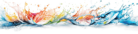 Green blue and yellow splashes on white background, watercolor style, abstract panoramic banner, AI generative panorama, design elementの素材