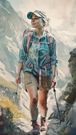 Happy female traveller, young adult woman hiking outdoors in mountains on a sunny day, AI generative treckerの写真素材