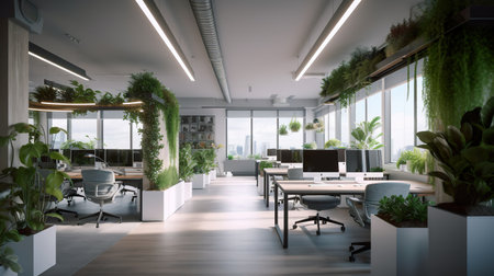 Eco-friendly office with natural lighting and indoor plants, AI generativeの素材