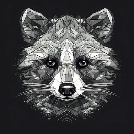 Racoon head, stylized, geometric, polygonal, on black background, AI Generative T-shirt designの素材
