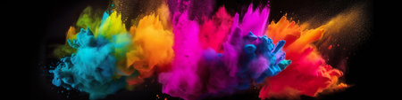 Panoramic banner with holi powder explosions, vibrant colors, multicolor powder, abstract AI generative panoramaの素材
