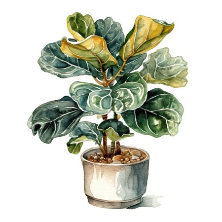Fidle leaf fig, house plant in cute pot, clip art on white background, Generative AI Illustrationの素材