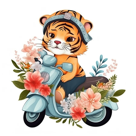 Tiger on motoroller with bunch of flowers, cartoon chibi style, AI generative illustrationの素材