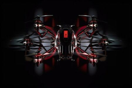 Realistic quadrocopter drone with propeller fans, front view, smmetrical, glowing backlit details on black background, AI generativeの素材