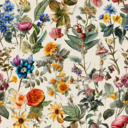 Seamless floral background with various flower types, vintage botany books style, AI generativeの素材