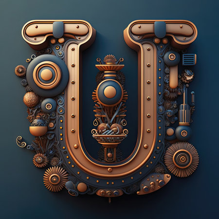 Capital letter U, steampunk alphabet in bronze metal and navy blue colors, AI generative.の素材