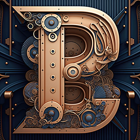 Capital letter B, steampunk alphabet in bronze metal and navy blue, AI generative illustrationの素材