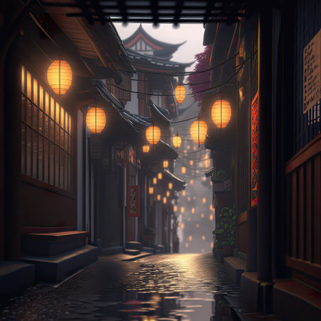 Japan, wooden houses and paper lanterns on medieval narrow street in traditional town on a rainy evening. Summer, rainy season, Imaginary location, AI generative.の素材