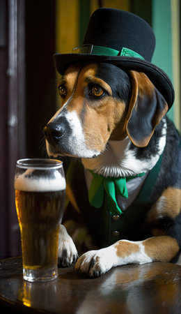 Dog character, kerry beagle, in top hat with green ribbon celebrates St. Patrick day in pub drinking beer, AI generative illustrationの素材