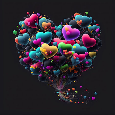 Large Heart shape made from Nostalgic Neon colored small hearts. Central composition on black background, AI Generative illustration perfect for Valentine of Birthday greeting card.の素材