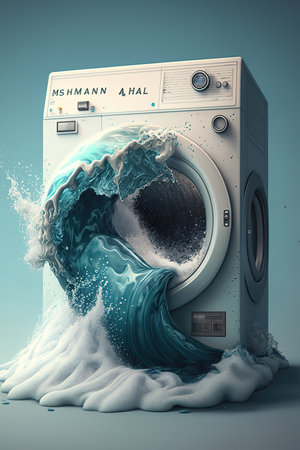 Water leak in style of famous Kanagawa wave splashing out of washing mashine. Water leak, faulty wash mashine, Unforeseen water damage, accidental leak, homeowners insurange case. AI generativeの素材