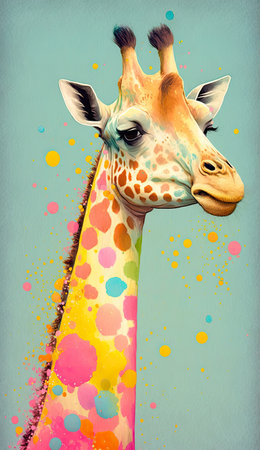 Giraffe, close-up on head and neck, bright vibrant colors, flying spots, AI generativeの素材