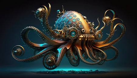 Steampunk mechanical object, cyborg, blend between octopus and motorbike, part creature, part bike, moving underwater. Bronze and blackened silver metallic finish. green lights. AI generative.の素材