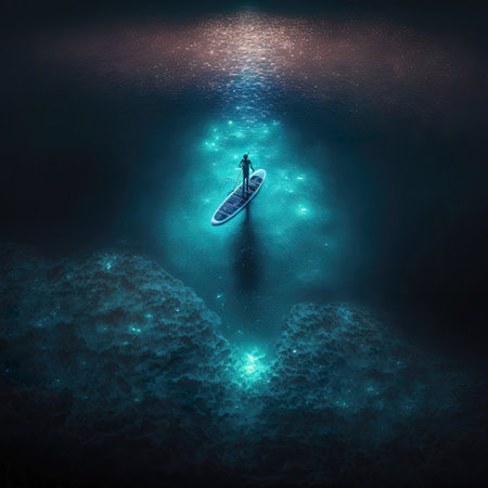 Sup board surfer, amazing glow in the dark ocean, sea, luminous water, view from above. Paddle board, tiny man figure, mystical shimmering light. AI generative illustration background.の素材