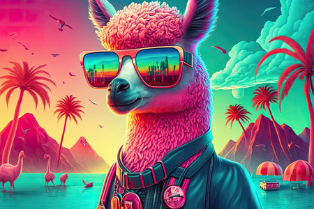 Funky anthropomorphic lama character in leather jacket and mirror sunglasses. Hippie traveler illustration in bold pink, orange and mint green colors, synthwave style, 80s vibe, AI generativeの素材