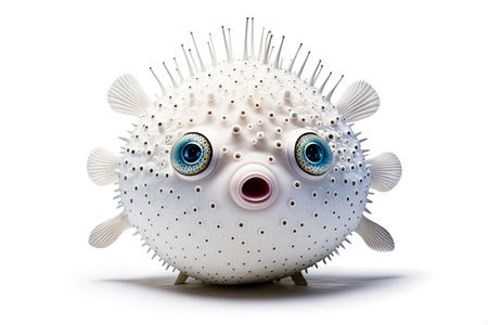 A white ceramic fish with neon accents isolated on a white background. The fish is a replica of the iconic fugu, or pufferfish famous in Japan. AI generative illustration.の素材