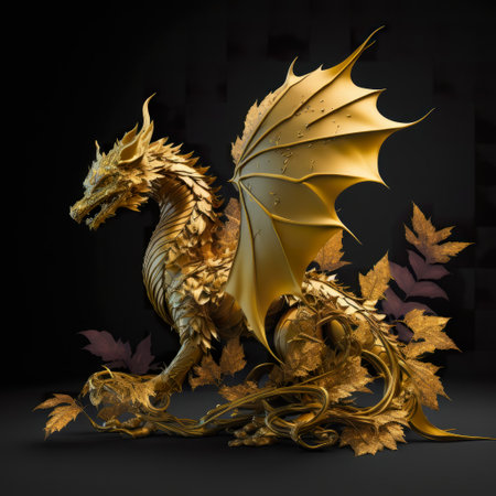 Golden dragon statuette, miniature with Autumn yellow leaves on black background. Golden leaf finish, shiny statuette. AI generative.の素材